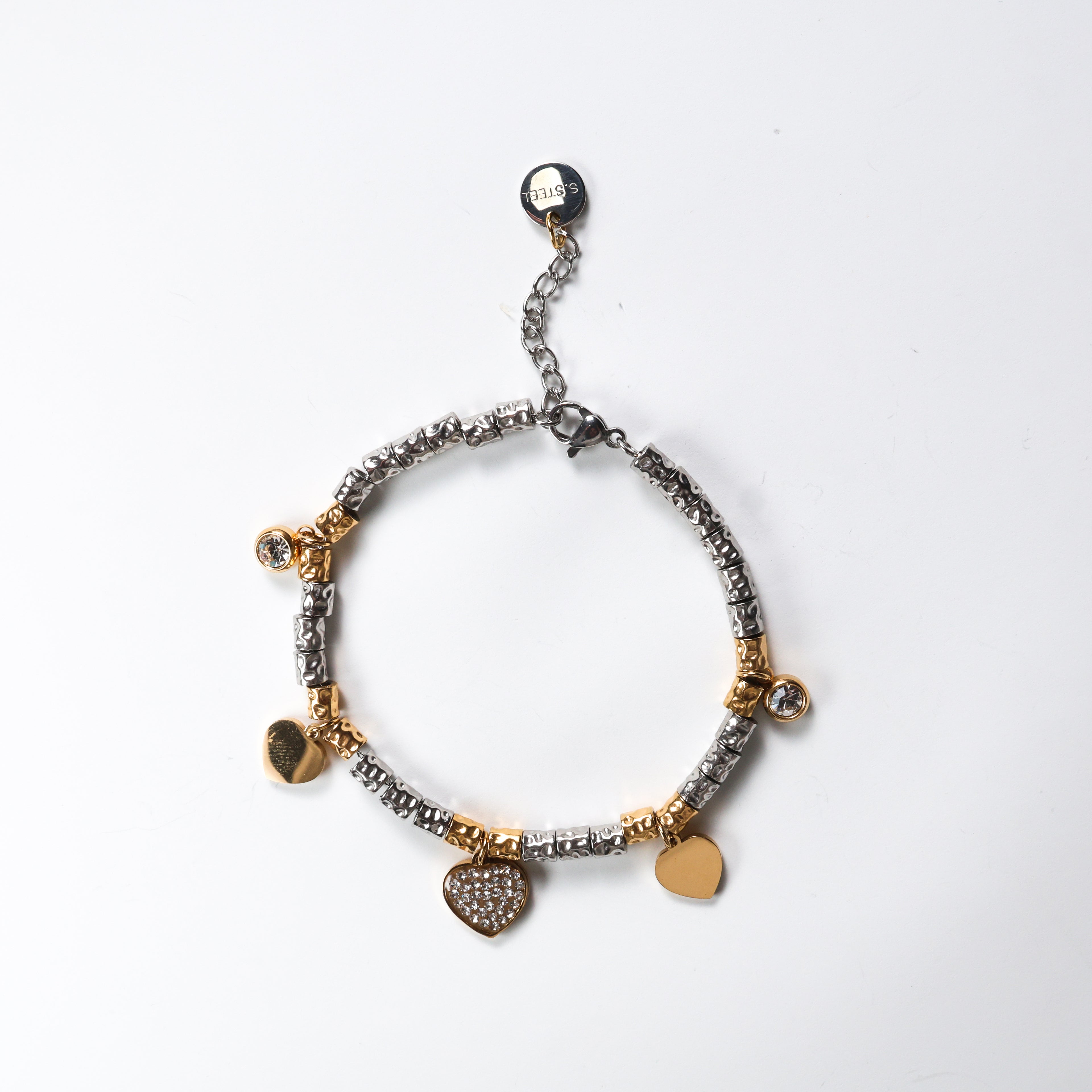 Bracciale in acciaio con cuori gold e zirconati