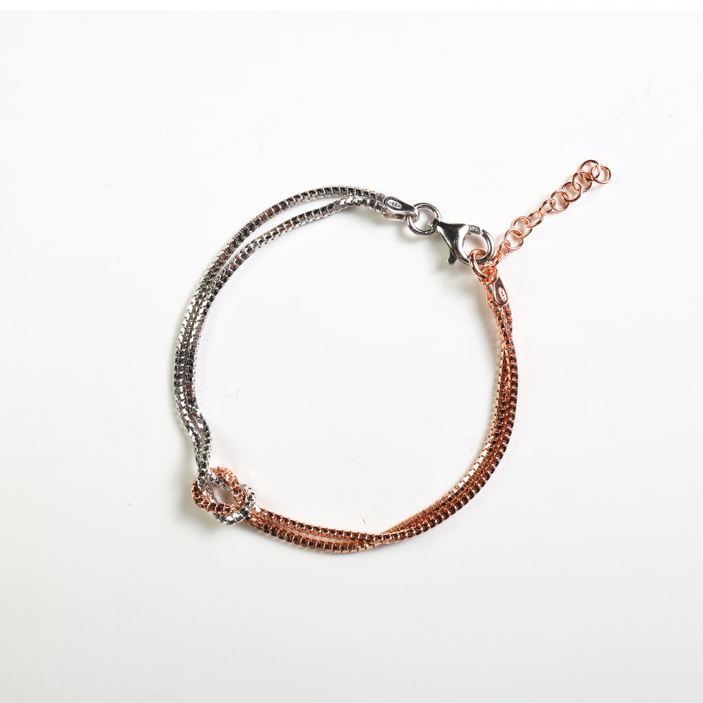 Bracciale argento nodo bicolor oro rosa e silver