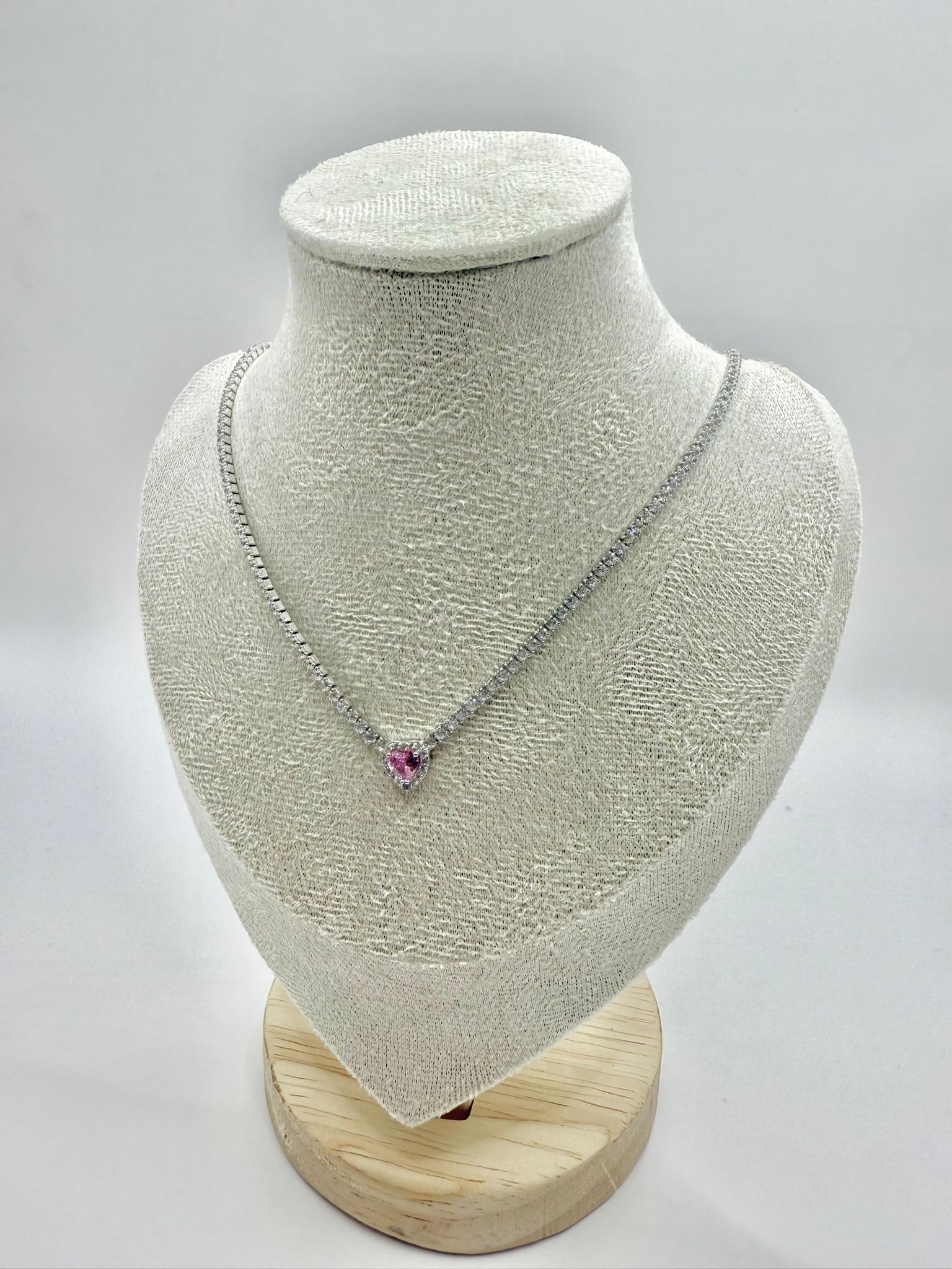Collana tennis con cuore quarzo rosa in argento 925