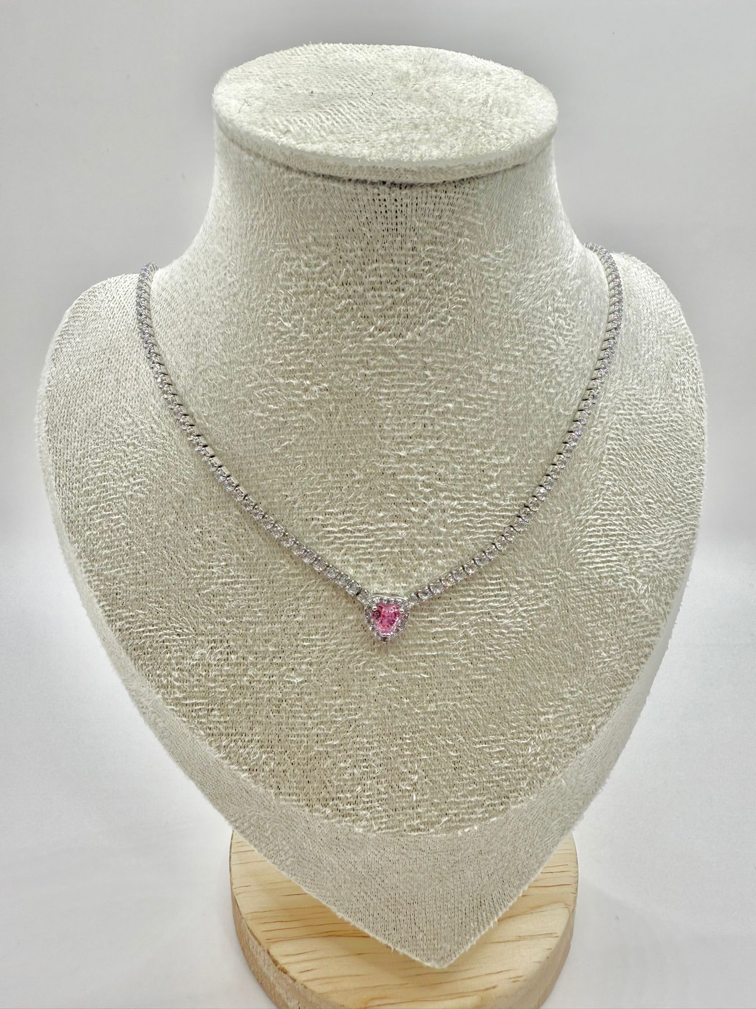 Collana tennis con cuore quarzo rosa in argento 925