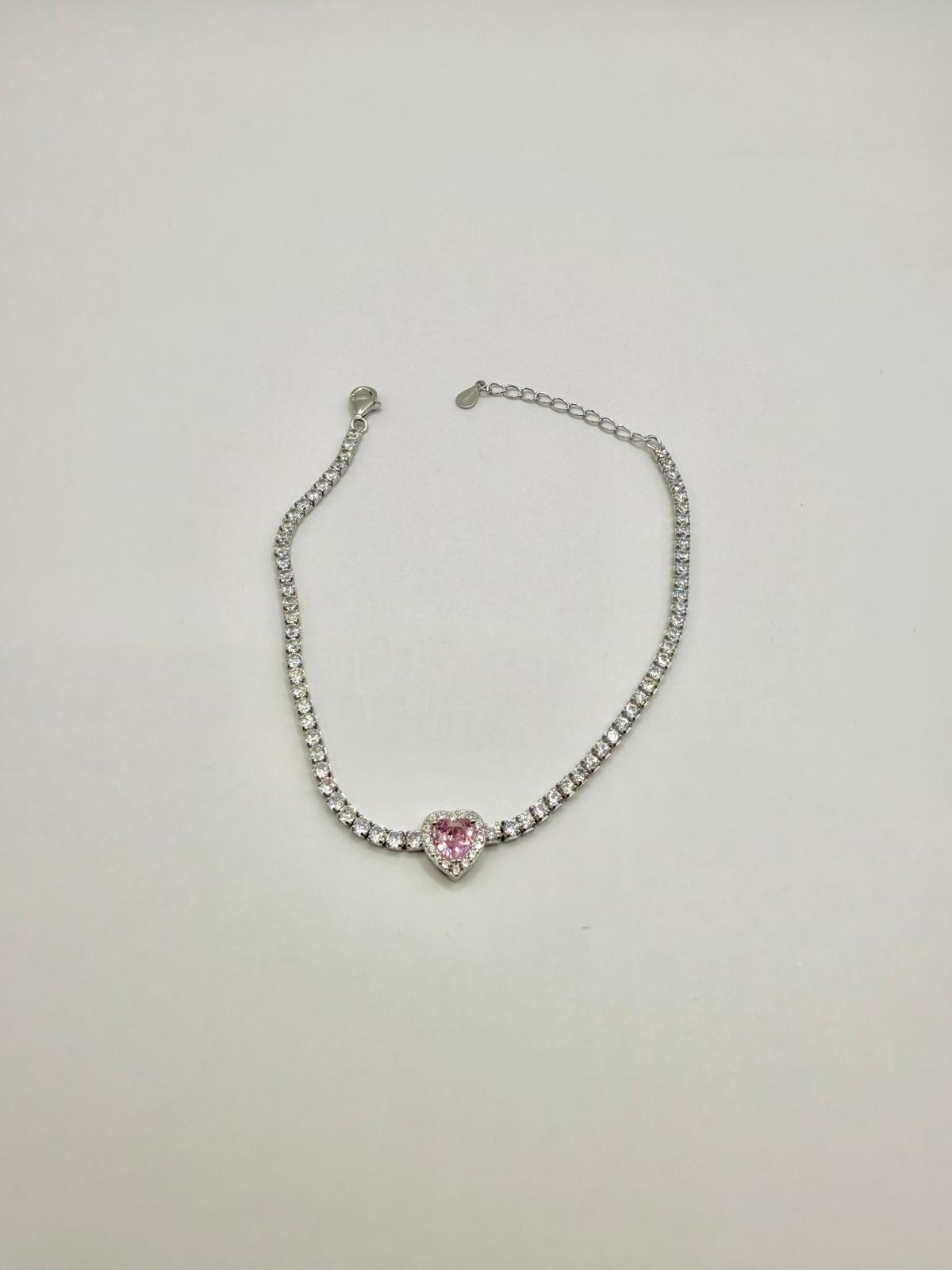 Bracciale tennis cuore quarzo rosa in argento 925